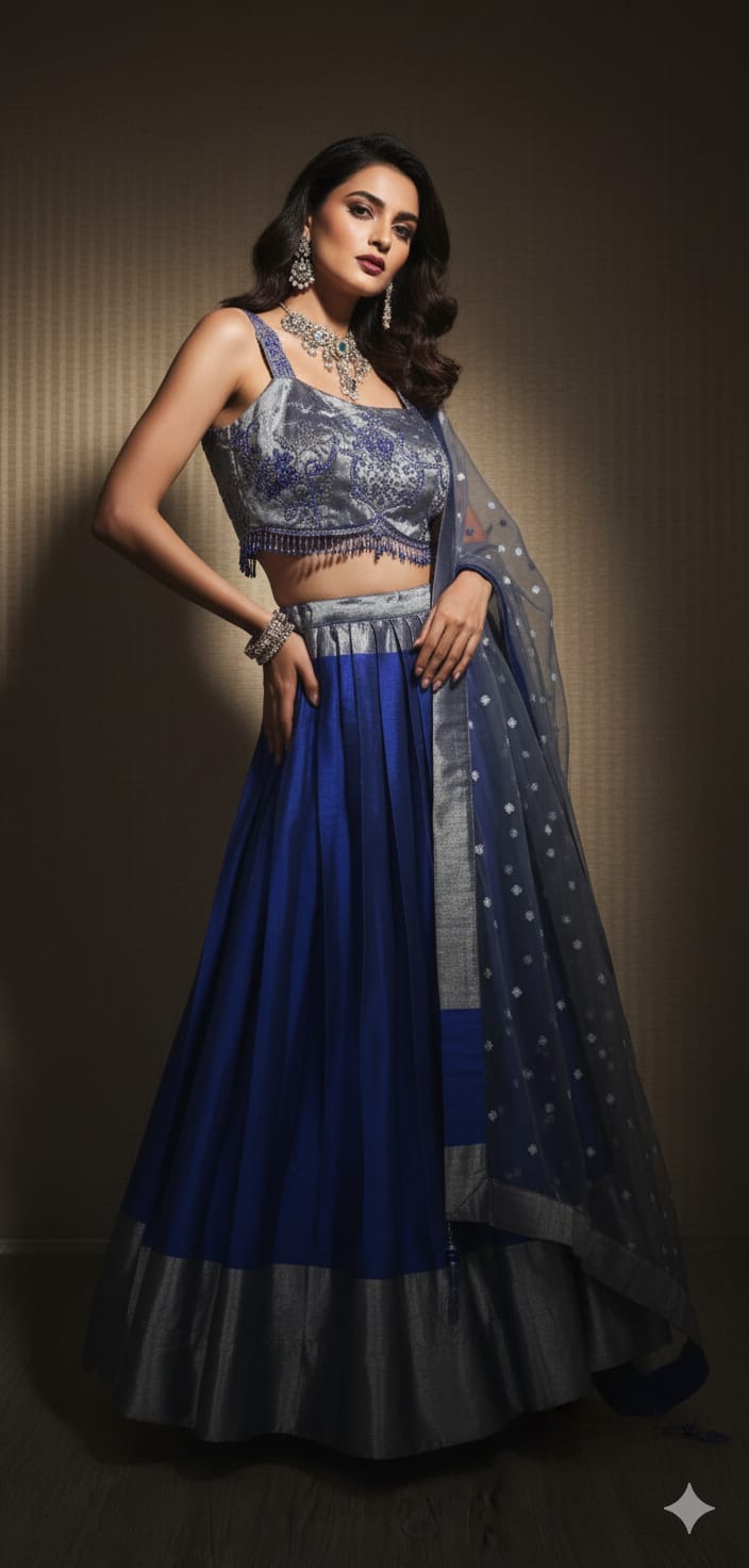 Royal Blue Lehenga Set with Silver Embroidered Blouse and Net Dupatta, –  Sakkhi Style
