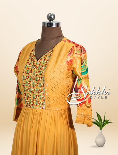 YELLOW AND RED GEORGETTE FULL LENGTH GOWN