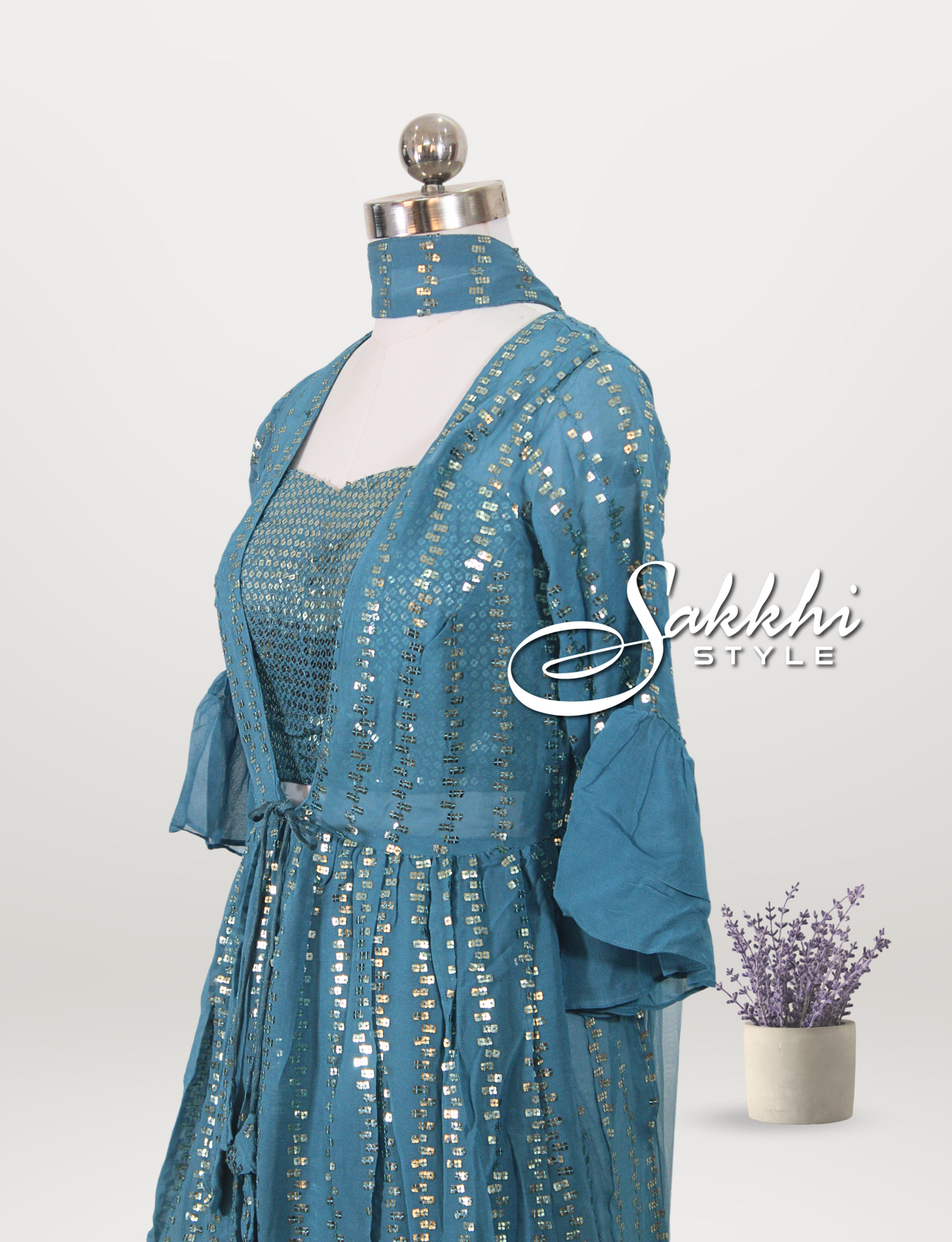 TEAL COLORED FOUR PIECE GHARARA SET WITH JACKET