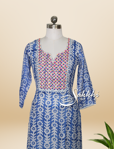 FADED BLUE THREE PIECE KURTI SET WITH DUPATTA