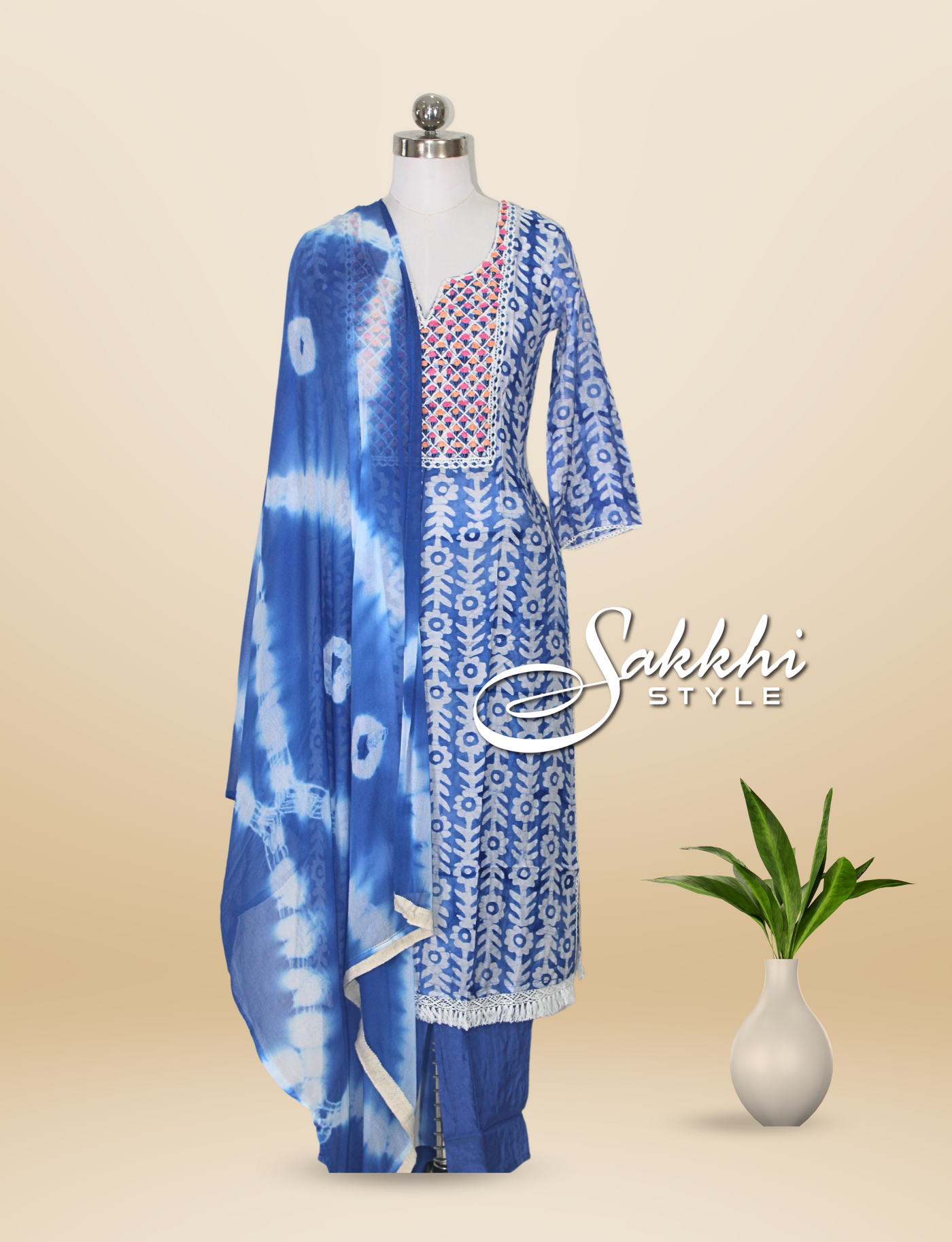 FADED BLUE THREE PIECE KURTI SET WITH DUPATTA