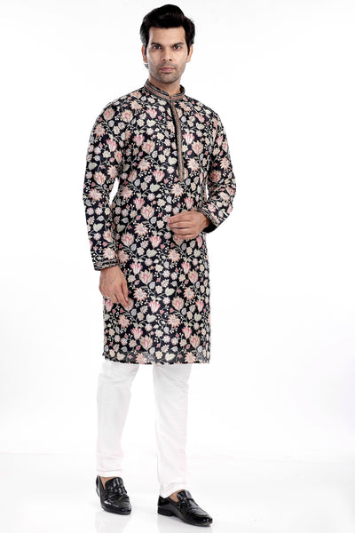 BLACK EMBROIDERED KURTA PYJAMA SET