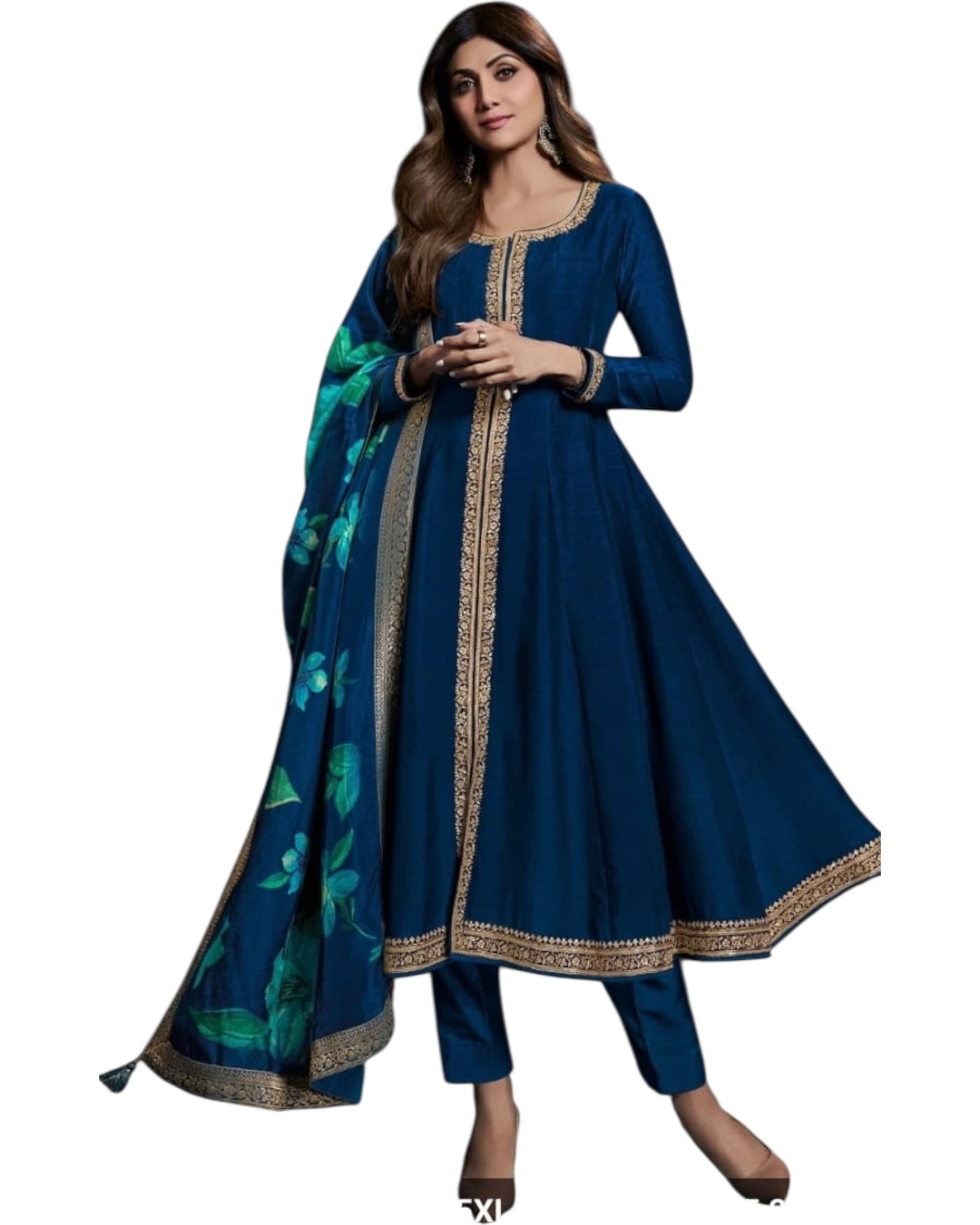 Navy Blue Silk Anarkali Suit – Elegant Zari Border with Printed Dupatta
