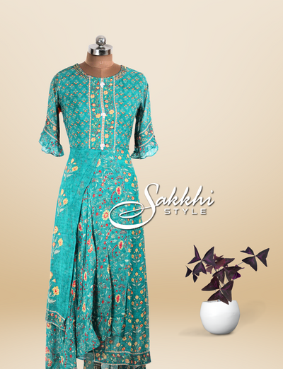 GREEN GEORGETTE KURTI WITH FLORAL PRINTS