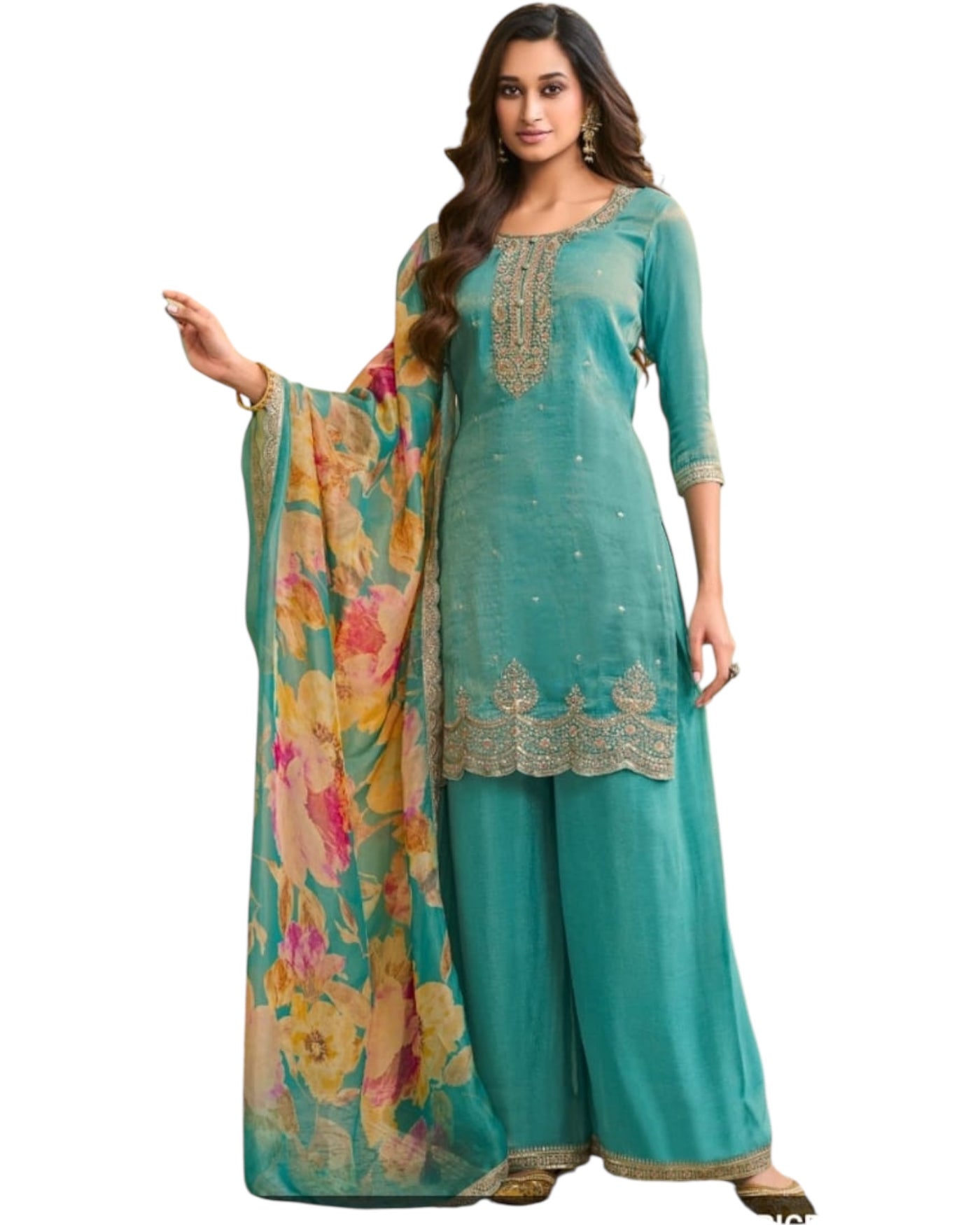 Aqua Green Silk Palazzo Suit – Embroidered Neckline with Floral Dupatta