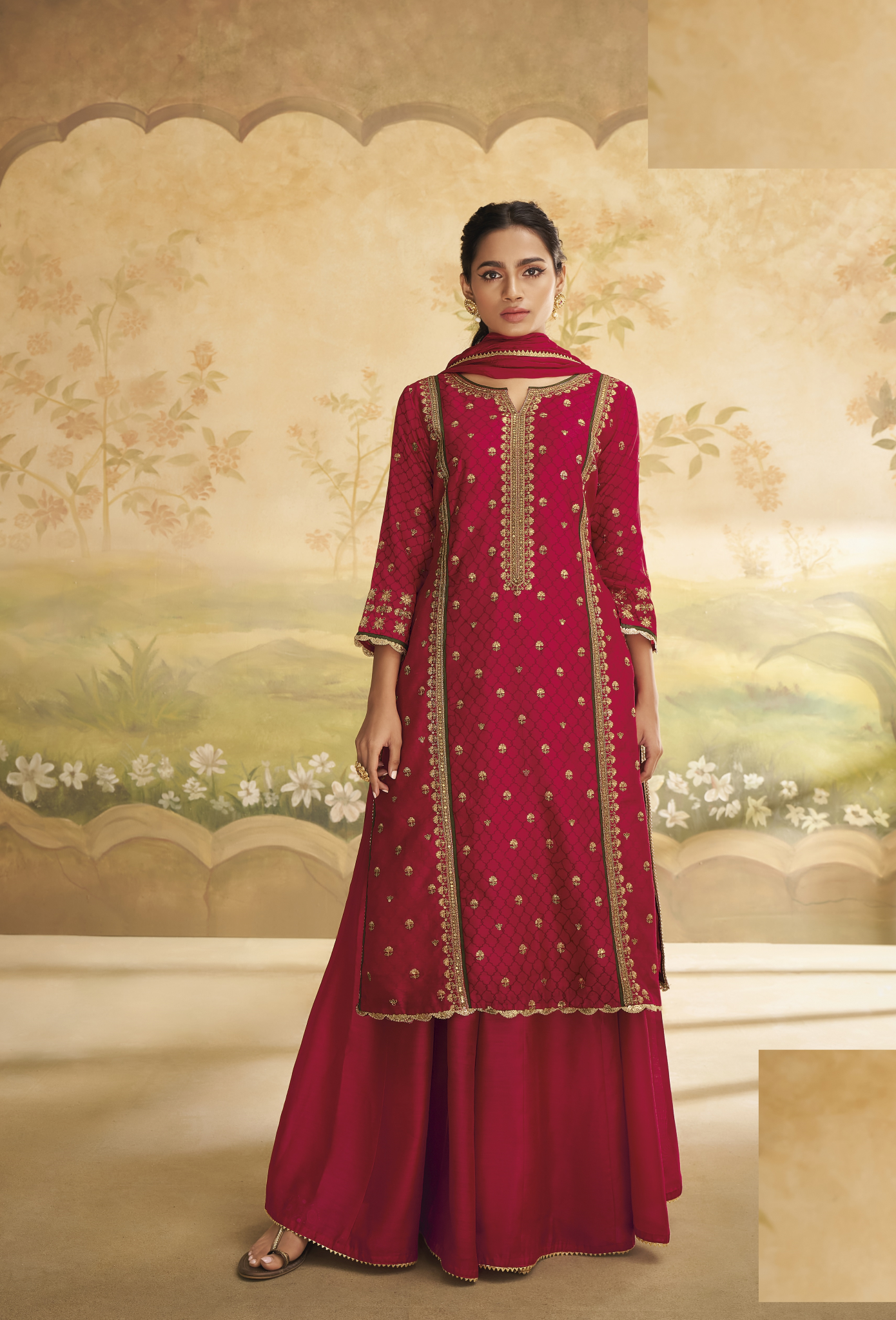 RED THREE PIECE PALAZZO STRAIGHT CUT SUIT SET