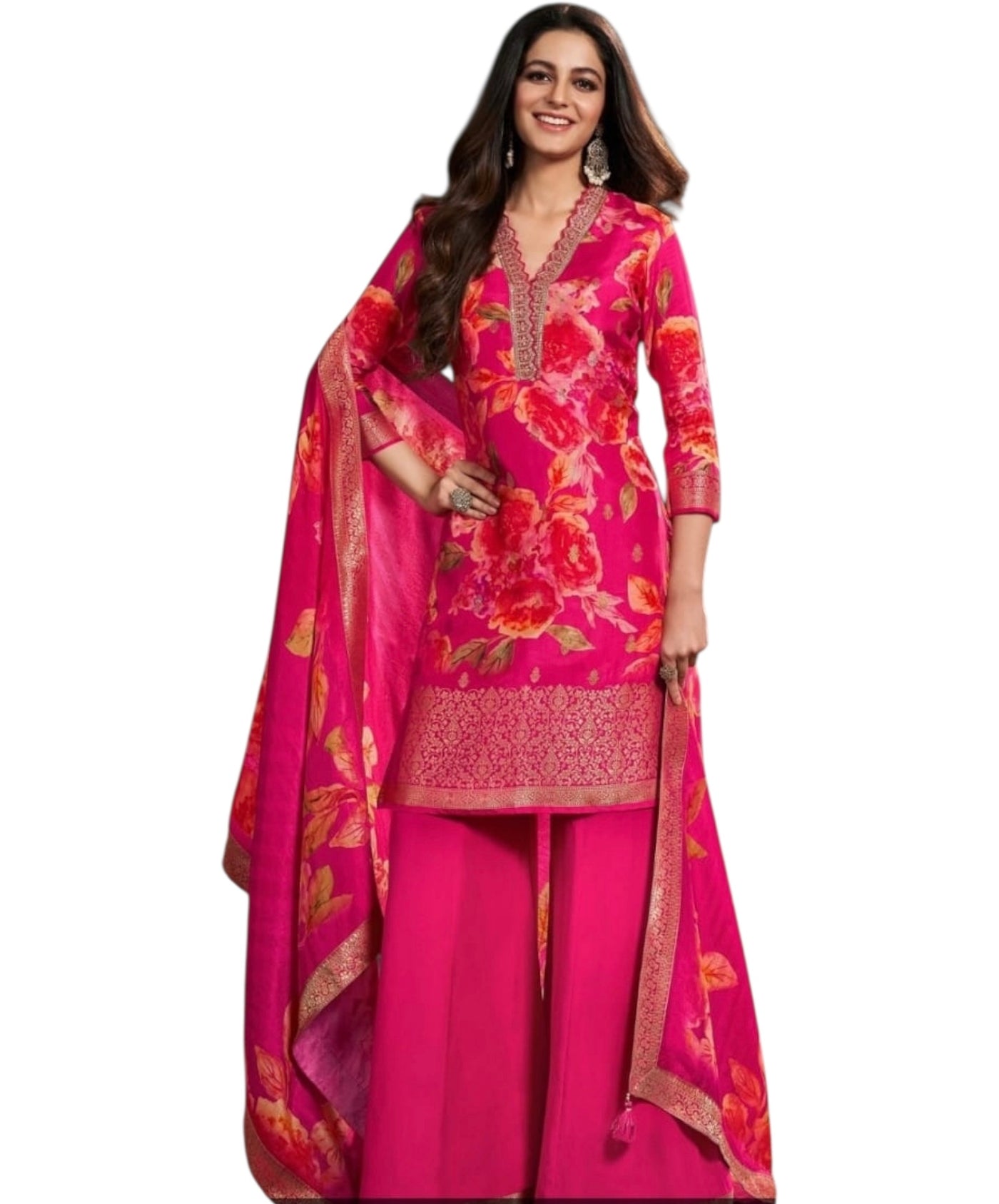 Rani Pink Silk Floral Palazzo Suit – Zari Embroidered Neckline with Printed Dupatta