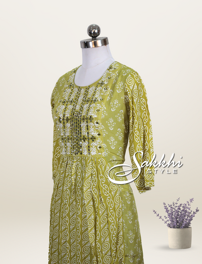 OLIVE GREEN MUSLIN SILK GOWN WITH MIRROR WORK no