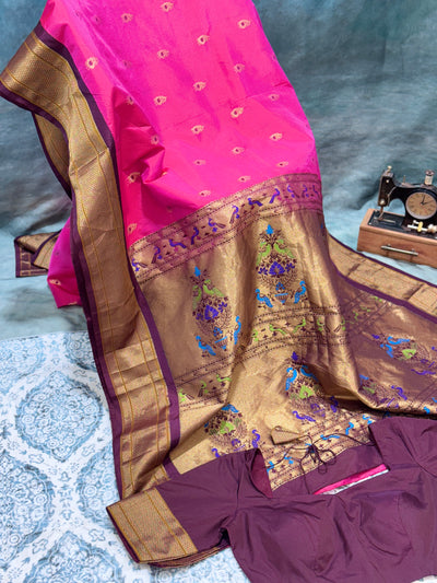 Rich Pink & Gold Semi Narayanpet Saree with Peacock Motif Border and Contrast Blouse