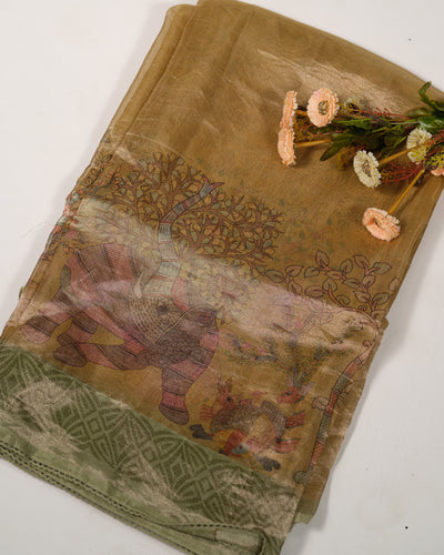 EARTHY YELLOW PRINTED ORGANZA SAREE