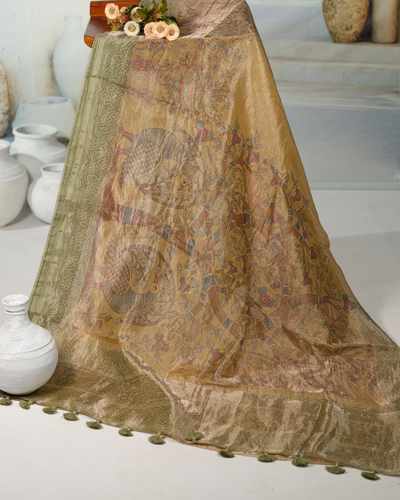 EARTHY YELLOW PRINTED ORGANZA SAREE