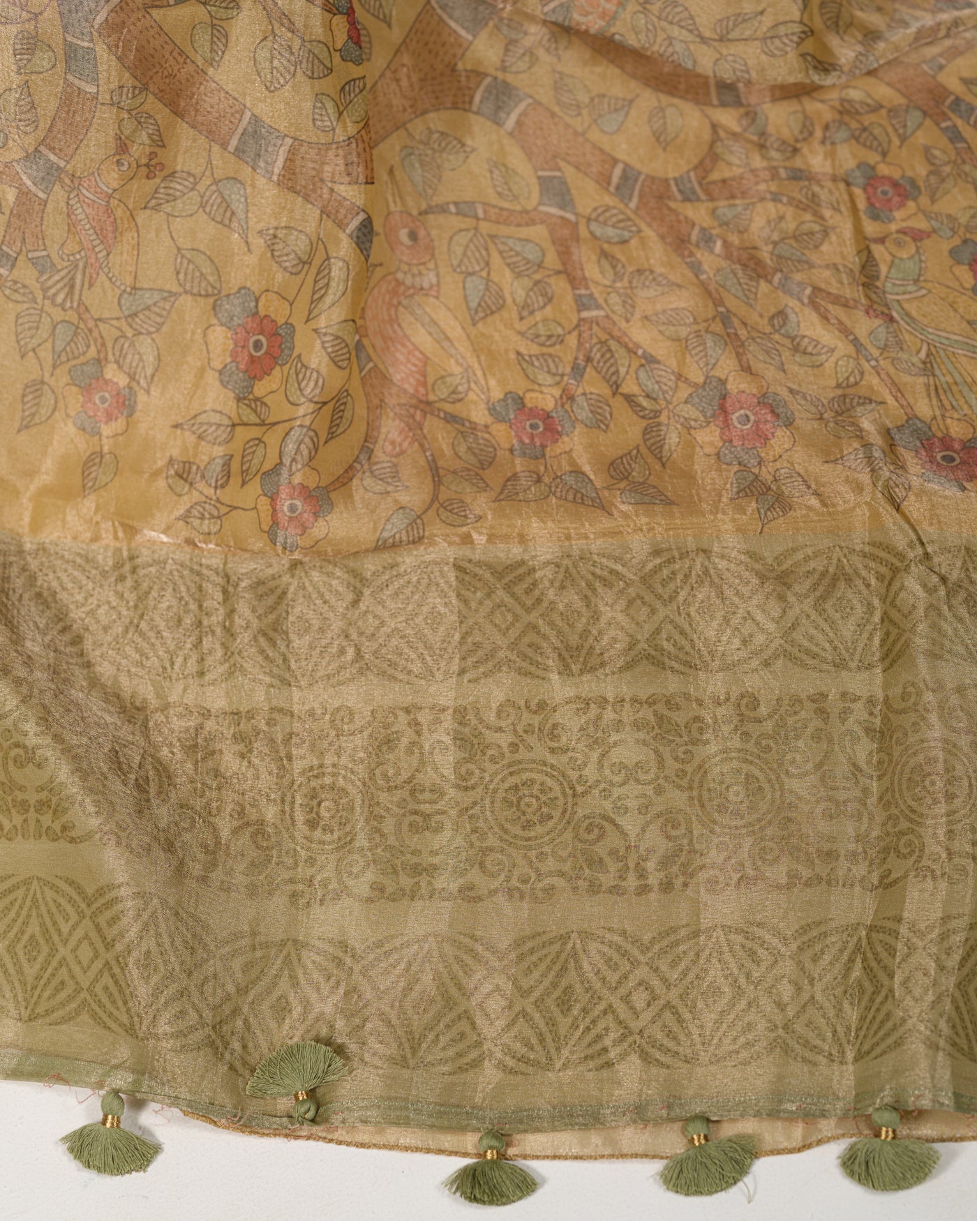 EARTHY YELLOW PRINTED ORGANZA SAREE