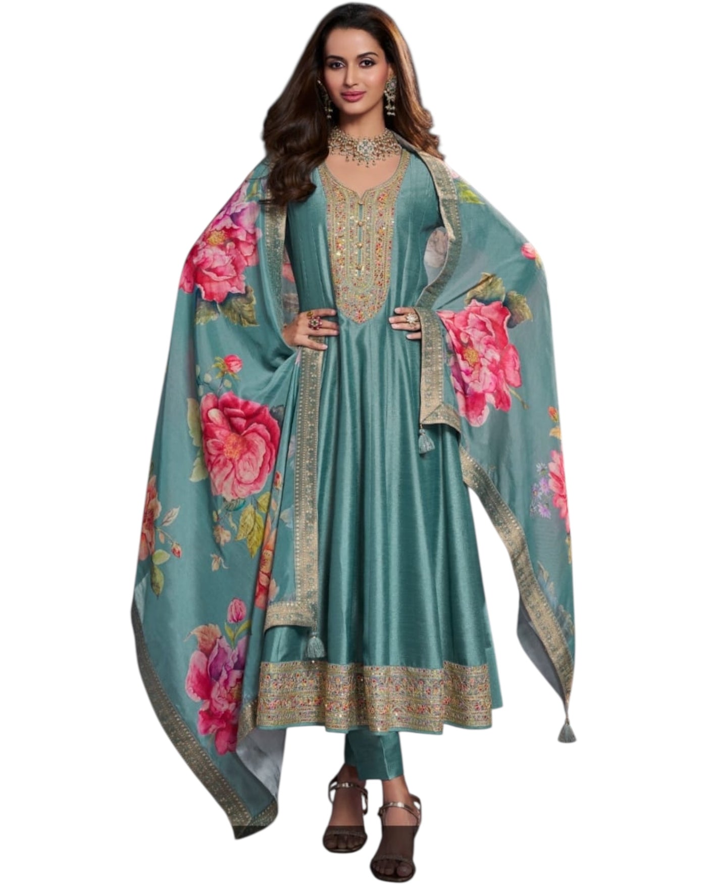 Sea Green Embroidered Anarkali Suit with Floral Dupatta