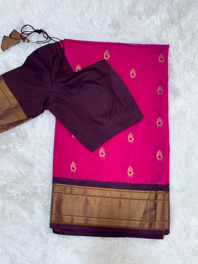 Rich Pink & Gold Semi Narayanpet Saree with Peacock Motif Border and Contrast Blouse
