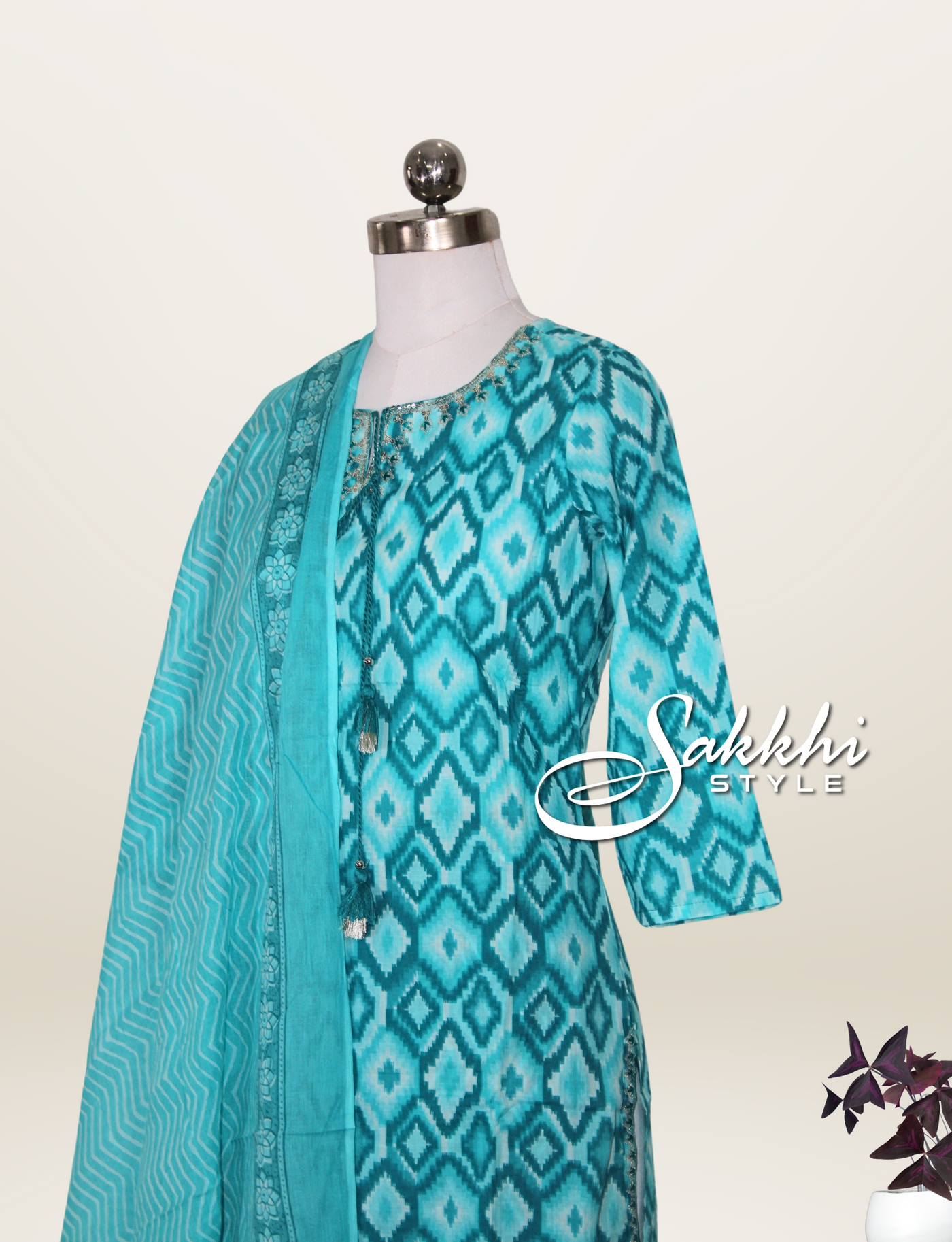 SEA BLUE COTTON KURTI SET WITH PATOLA PRINTS