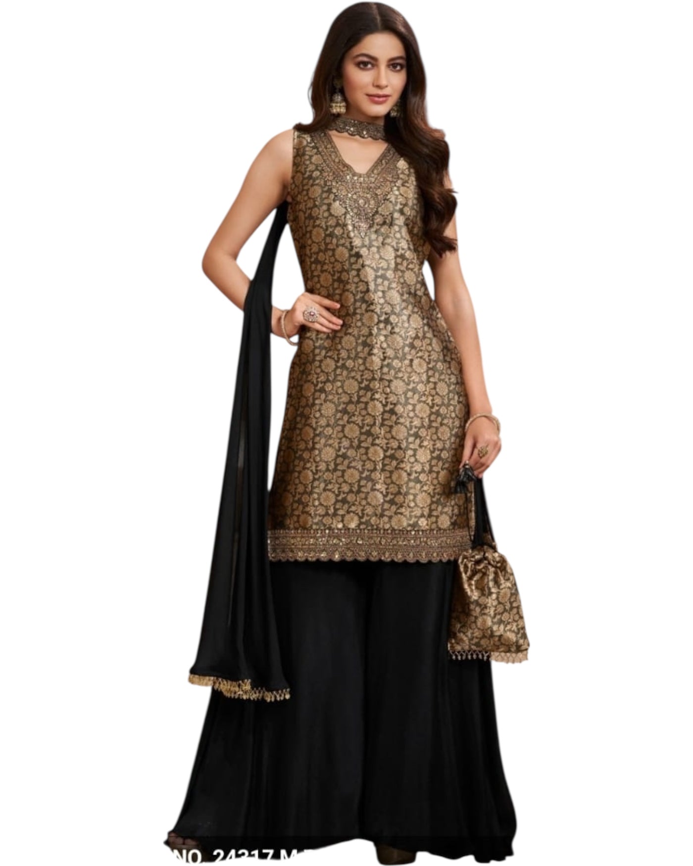Black and Gold Silk Sharara Suit – Brocade Kurta with Dupatta and Potli Bag