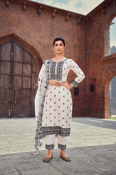WHITE THREE PIECE SALWAR SUIT SET WITH THREAD EMBROIDERY
