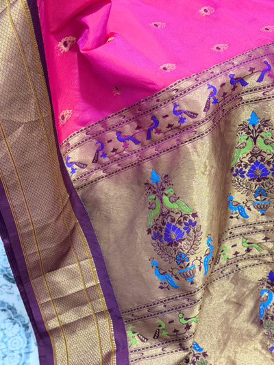 Rich Pink & Gold Semi Narayanpet Saree with Peacock Motif Border and Contrast Blouse