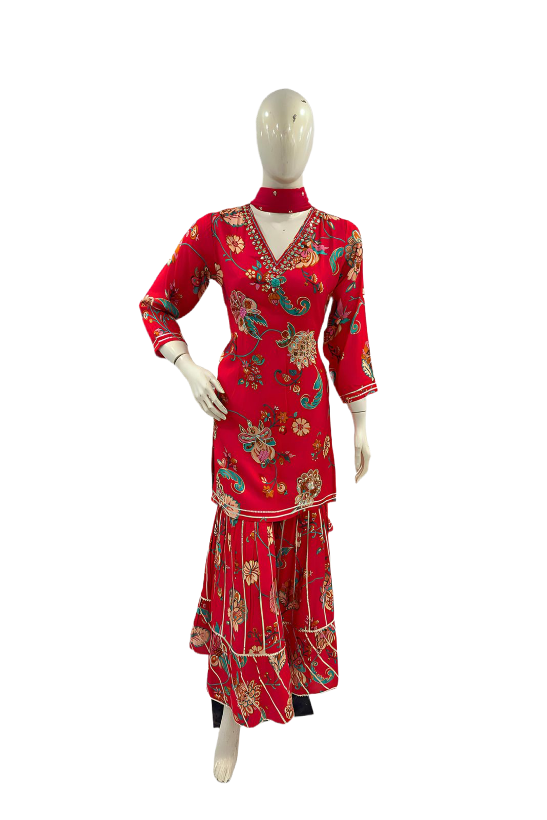 RED COLORED FLORAL PRINTED SHARARA SUIT SET