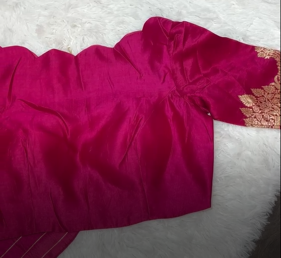 Magenta Banarasi Kora Saree with Golden Zari Border & Scallop Blouse