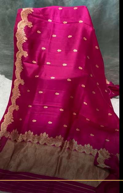 Magenta Banarasi Kora Saree with Golden Zari Border & Scallop Blouse