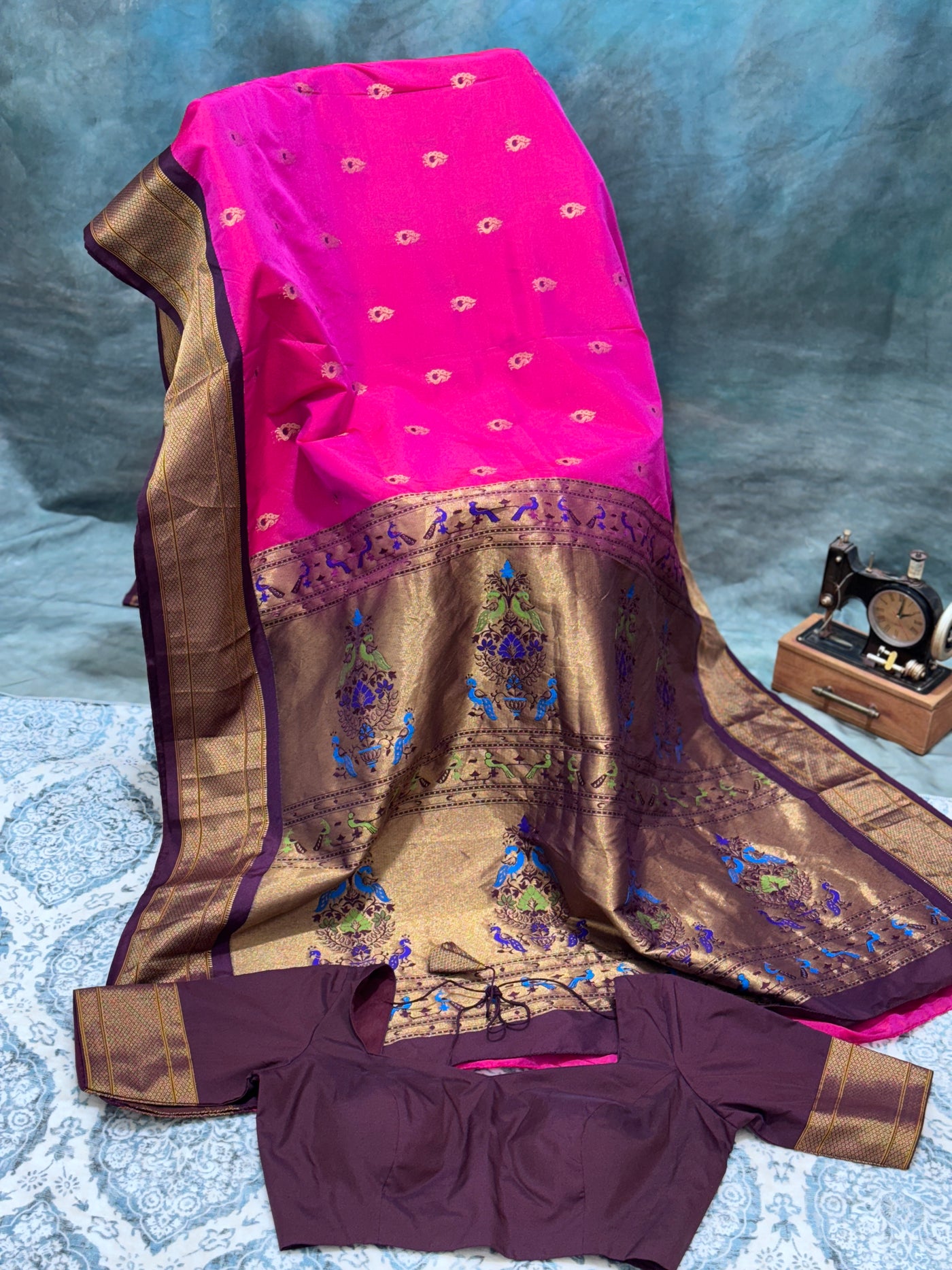 Rich Pink & Gold Semi Narayanpet Saree with Peacock Motif Border and Contrast Blouse