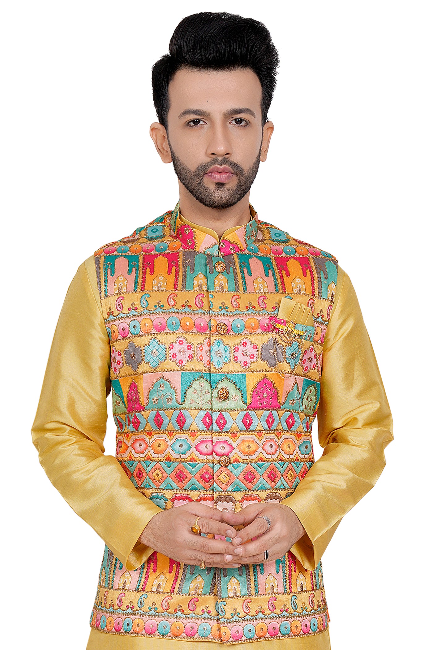 YELLOW SHERWANI SET WITH DIGITAL PRINTED OVERCOAT