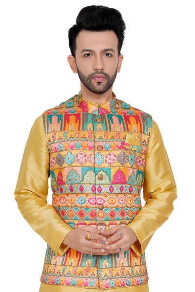 YELLOW SHERWANI SET WITH DIGITAL PRINTED OVERCOAT