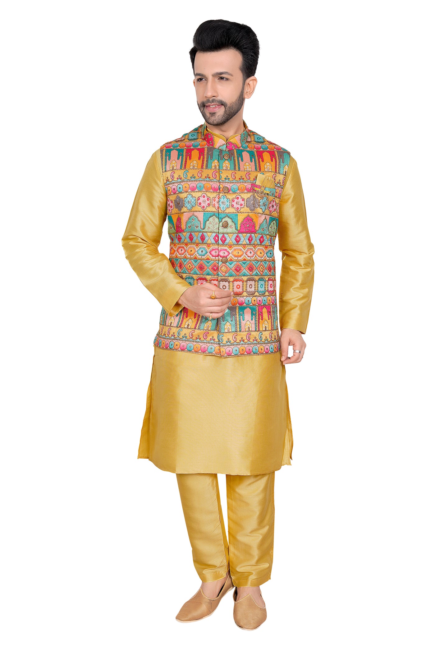 YELLOW SHERWANI SET WITH DIGITAL PRINTED OVERCOAT