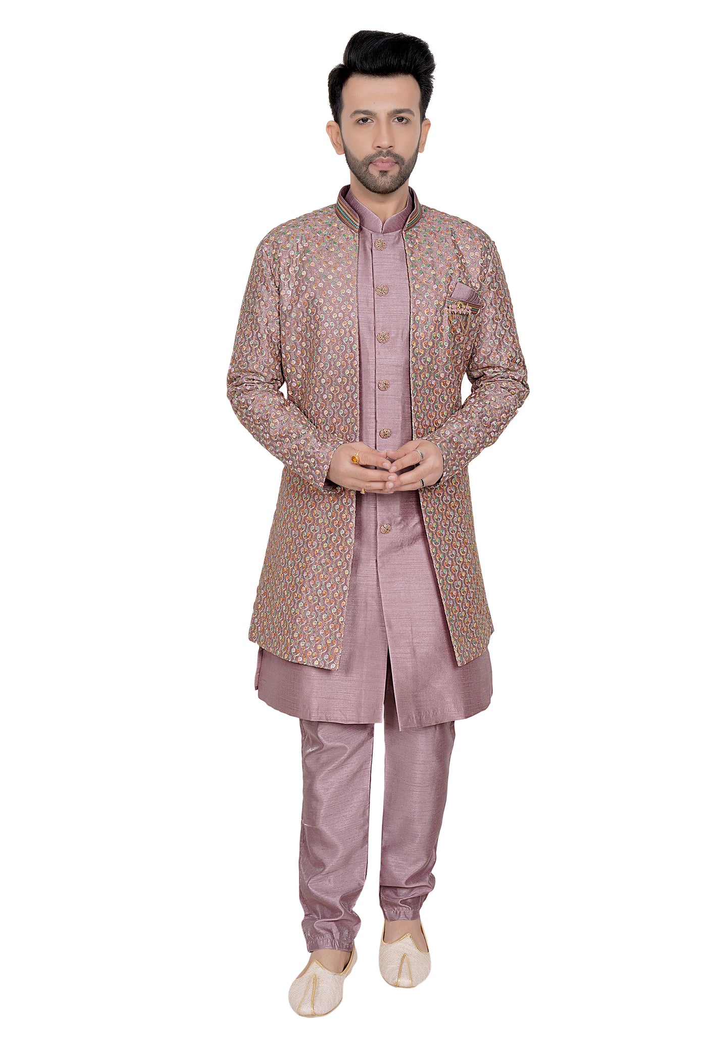 THREE PIECE PLUM HUED SHERWANI SET