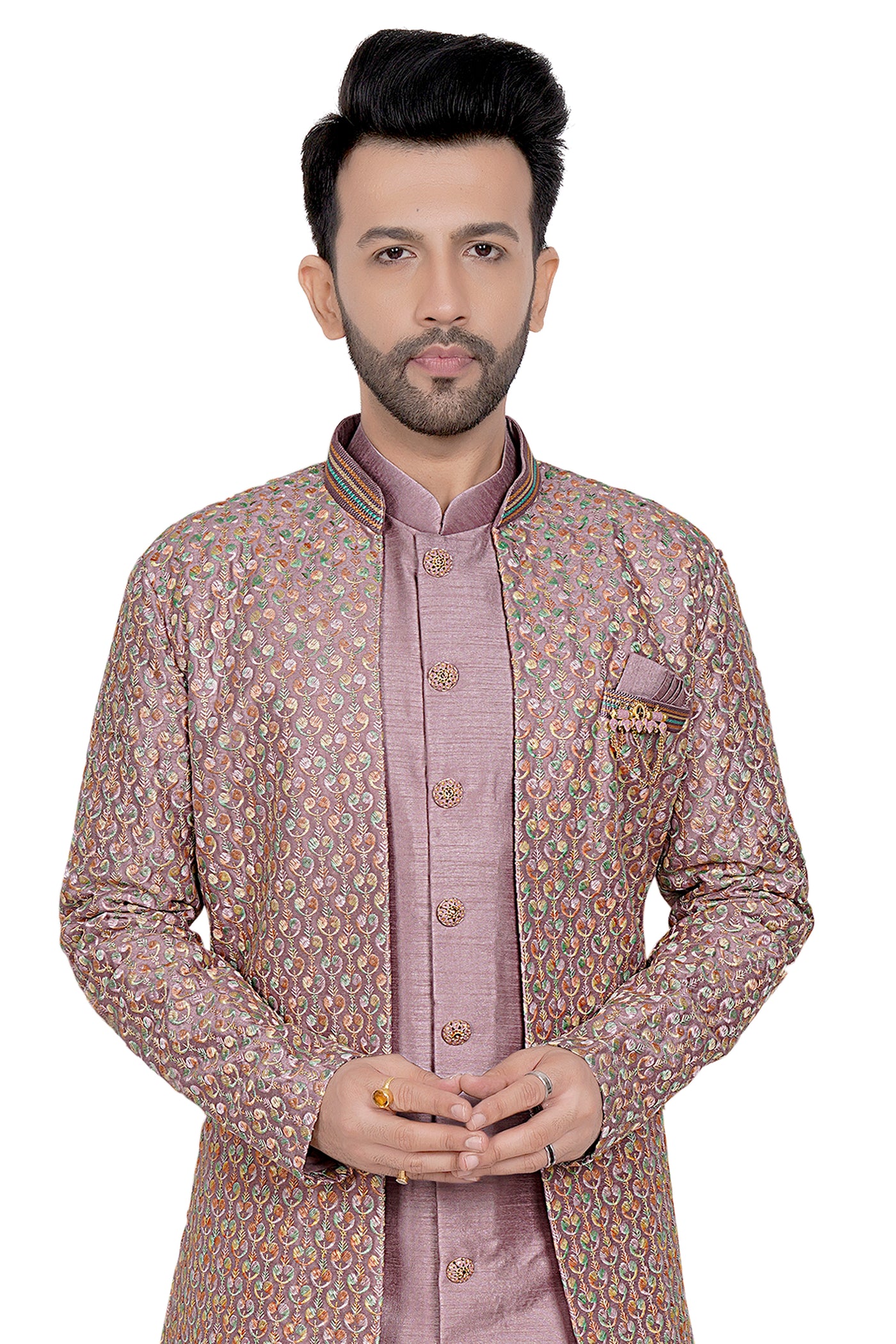 THREE PIECE PLUM HUED SHERWANI SET