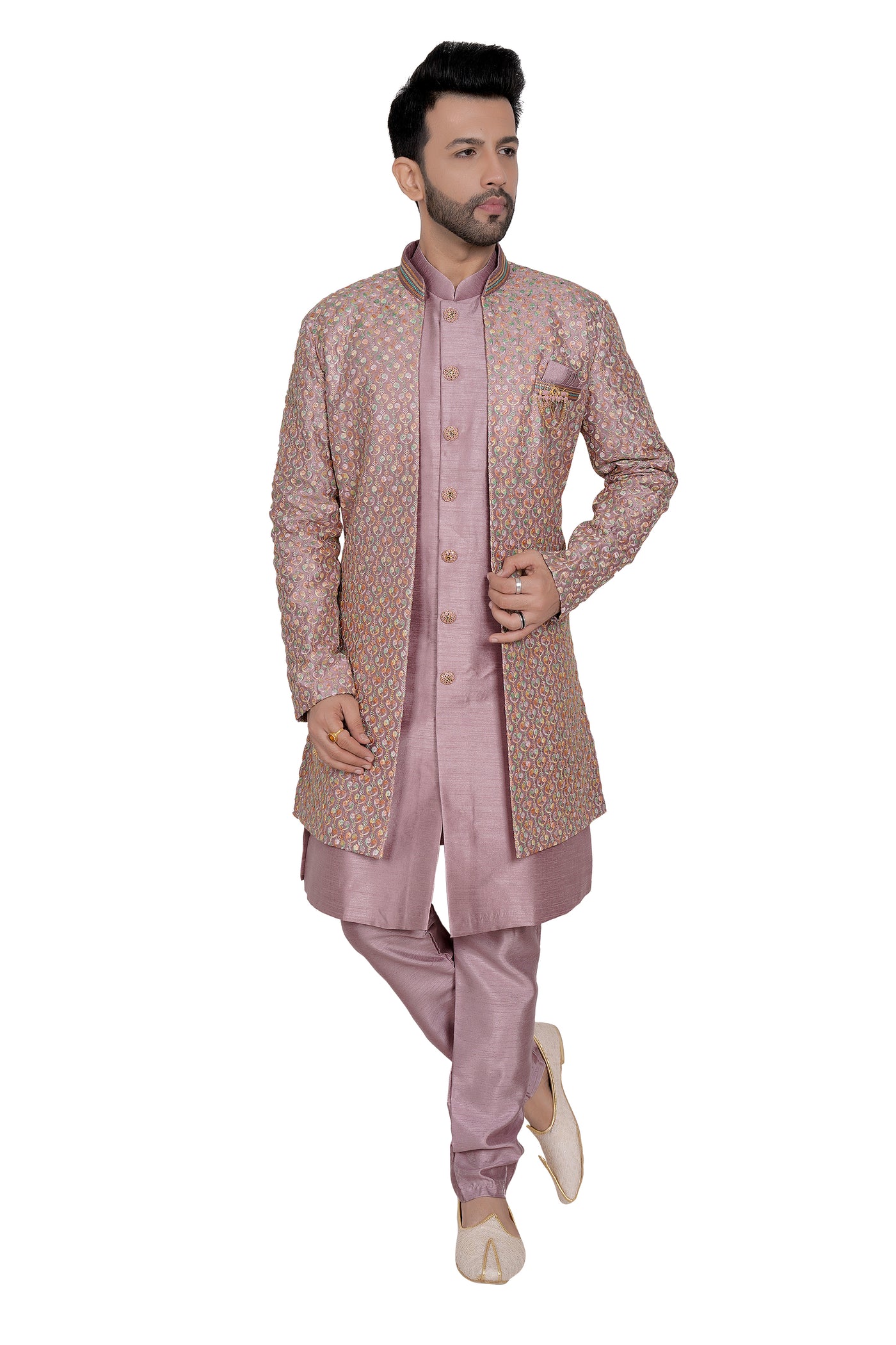 THREE PIECE PLUM HUED SHERWANI SET