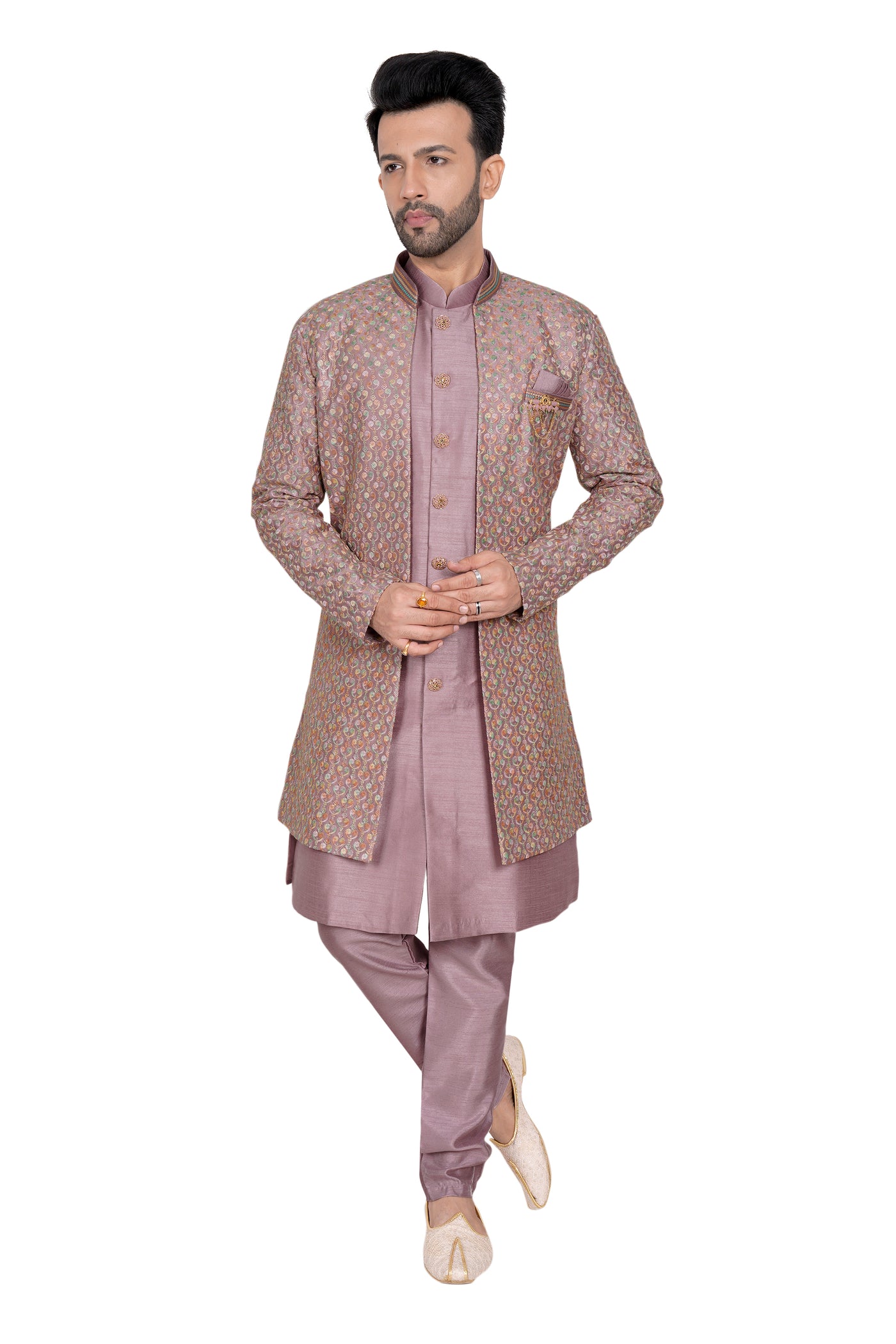 THREE PIECE PLUM HUED SHERWANI SET