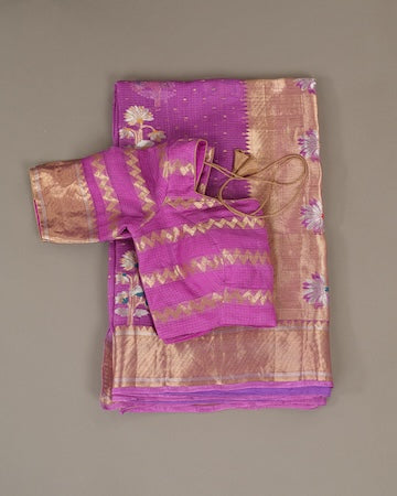 Purple zari kota saree with stitched blouse