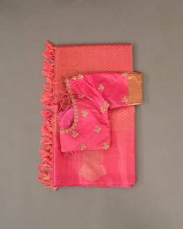 Rose pink Kanjeevaram saree with stitched blouse