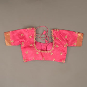 Rose pink Kanjeevaram saree with stitched blouse