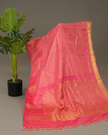 Rose pink Kanjeevaram saree with stitched blouse