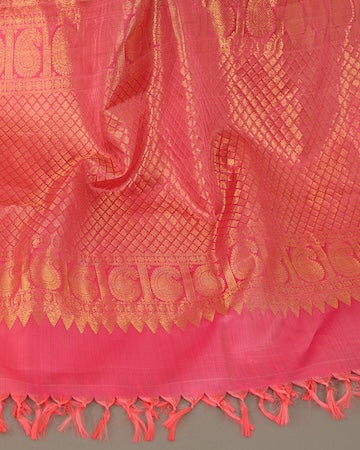 Rose pink Kanjeevaram saree with stitched blouse