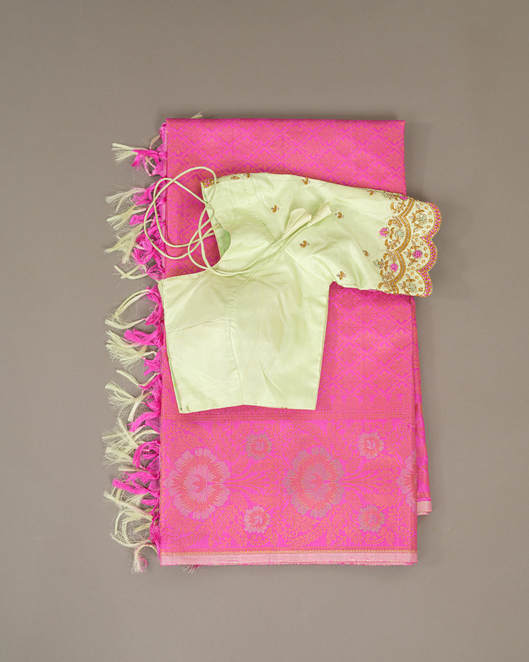 Candy pink Kanjeevaram saree with stitched blouse