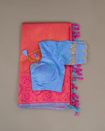 Berry pink Kanjeevaram saree with stitched blouse