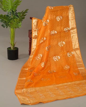 Tangerine kota silk saree with stitched blouse