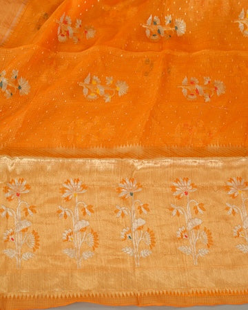 Tangerine kota silk saree with stitched blouse