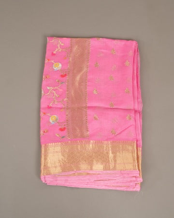 Baby pink Kota silk saree with stitched blouse