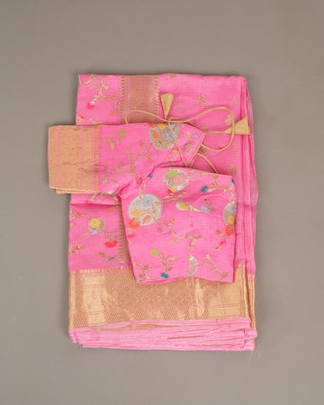 Baby pink Kota silk saree with stitched blouse