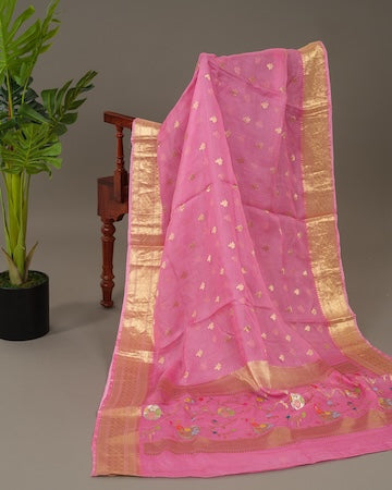 Baby pink Kota silk saree with stitched blouse