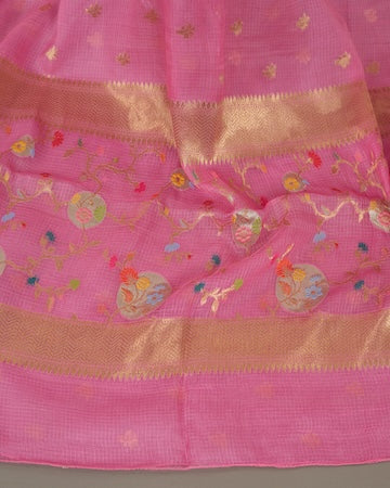 Baby pink Kota silk saree with stitched blouse