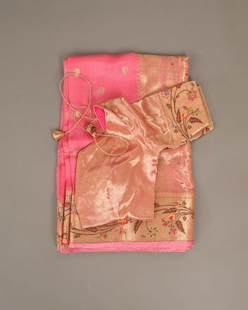 Peach pink Kota saree with stitched blouse