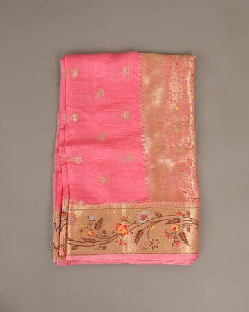 Peach pink Kota saree with stitched blouse