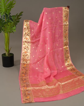 Peach pink Kota saree with stitched blouse