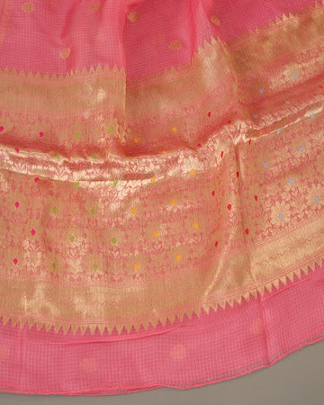 Peach pink Kota saree with stitched blouse